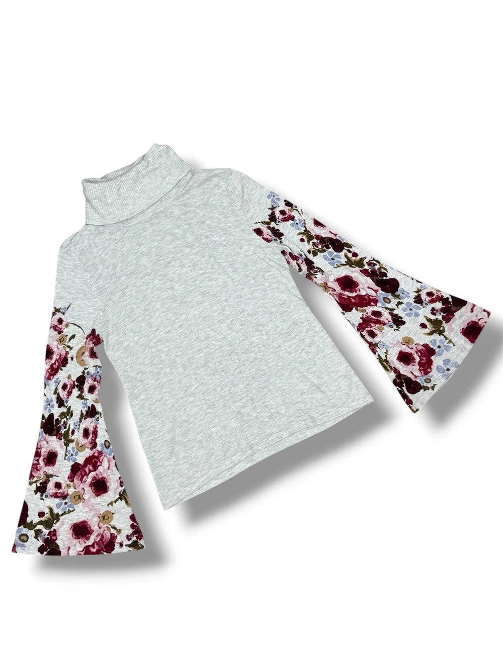 Rain + Rose Floral Statement Bell Sleeve‎ Turtleneck Sweater Grey Pink Large